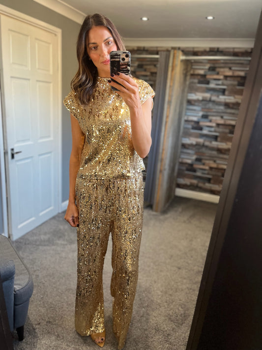 Sequin Wide Leg Trousers - Gold