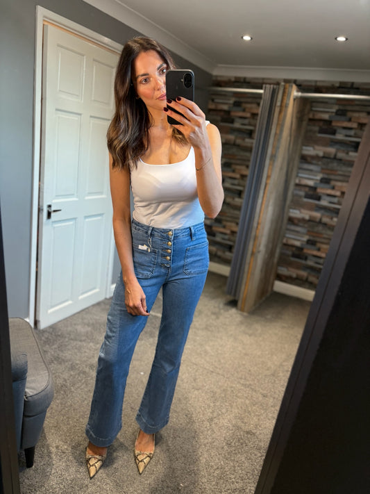 Button & Pocket Detail Wide Leg Jeans - Light Blue