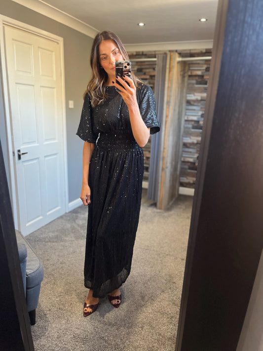 Sequin Crossover Slinky Dress - Black
