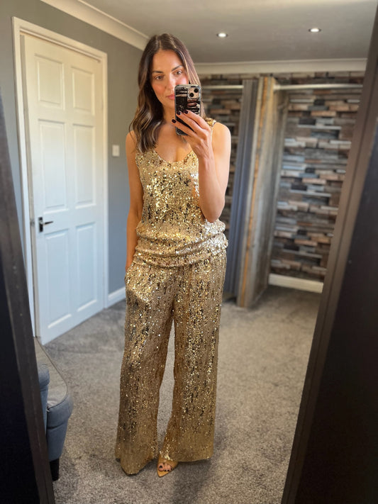 Sequin Wide Leg Trousers - Gold