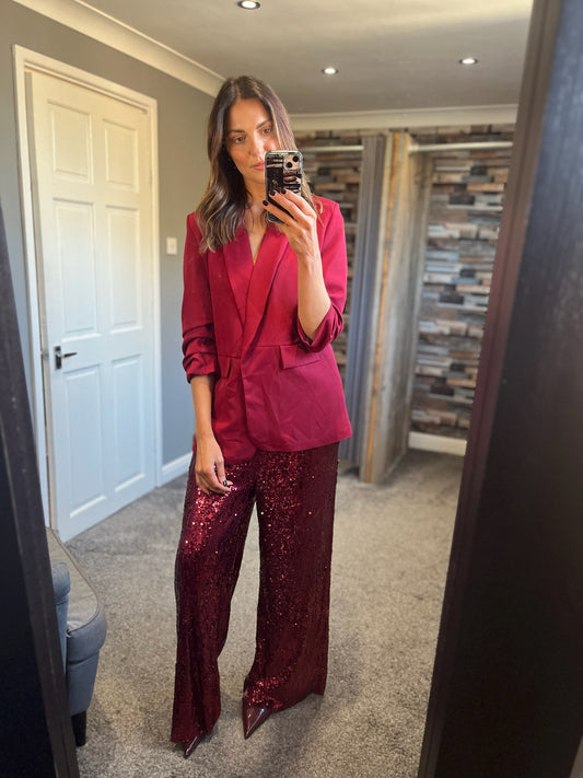 Sequin Wide Leg Trousers - Red