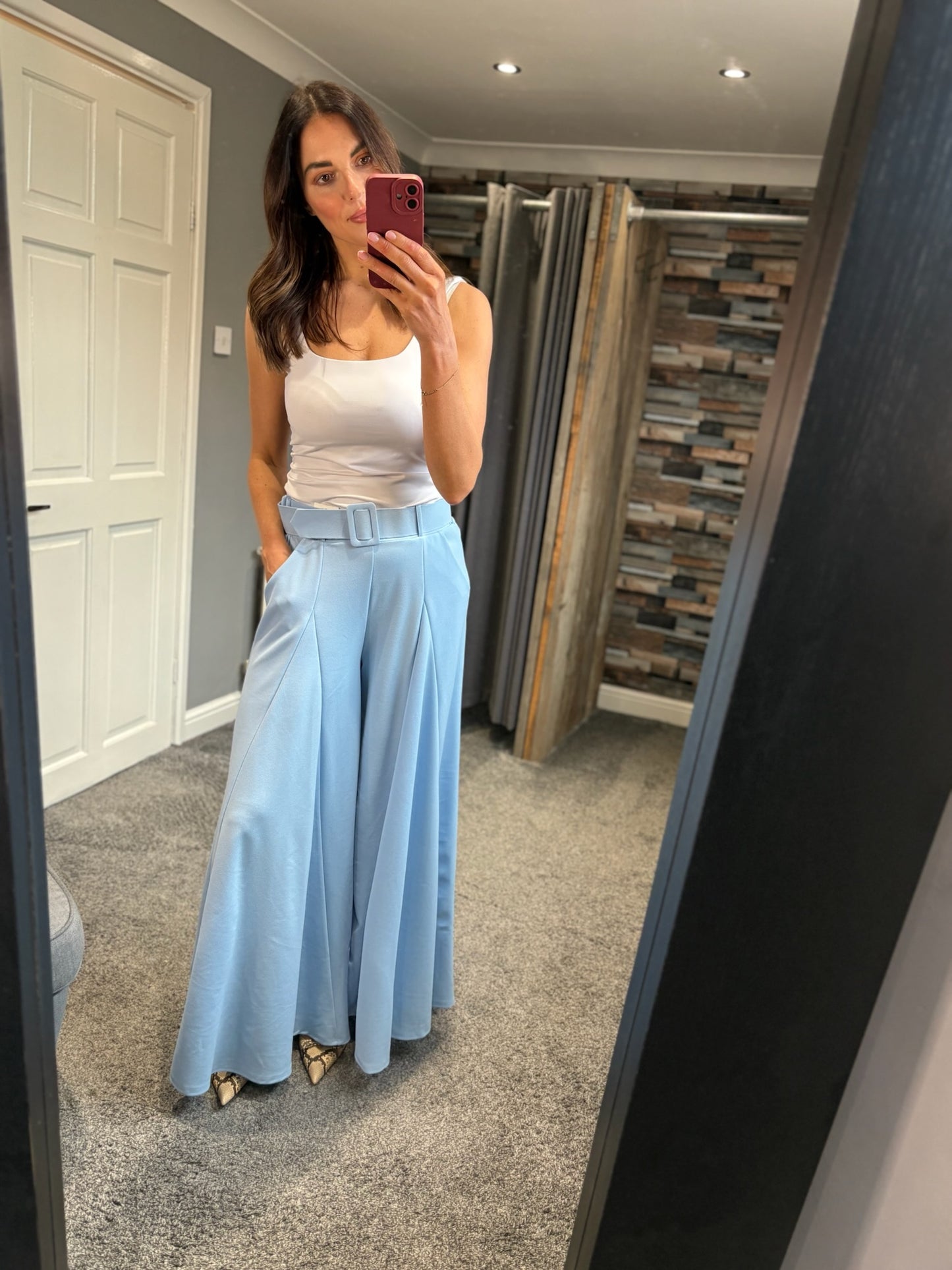 Wide Leg Belted Palazzo Trousers - Baby Blue