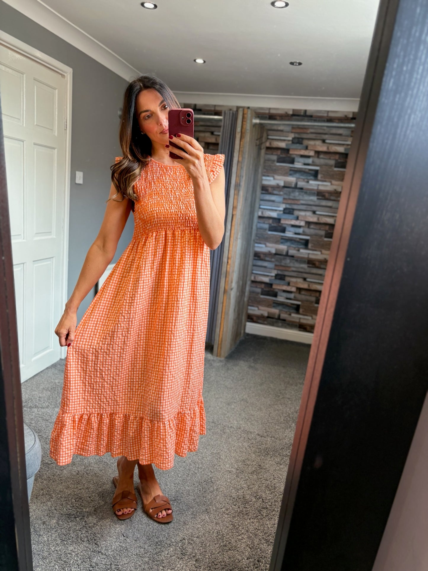 Gingham Shirred Midi Dress