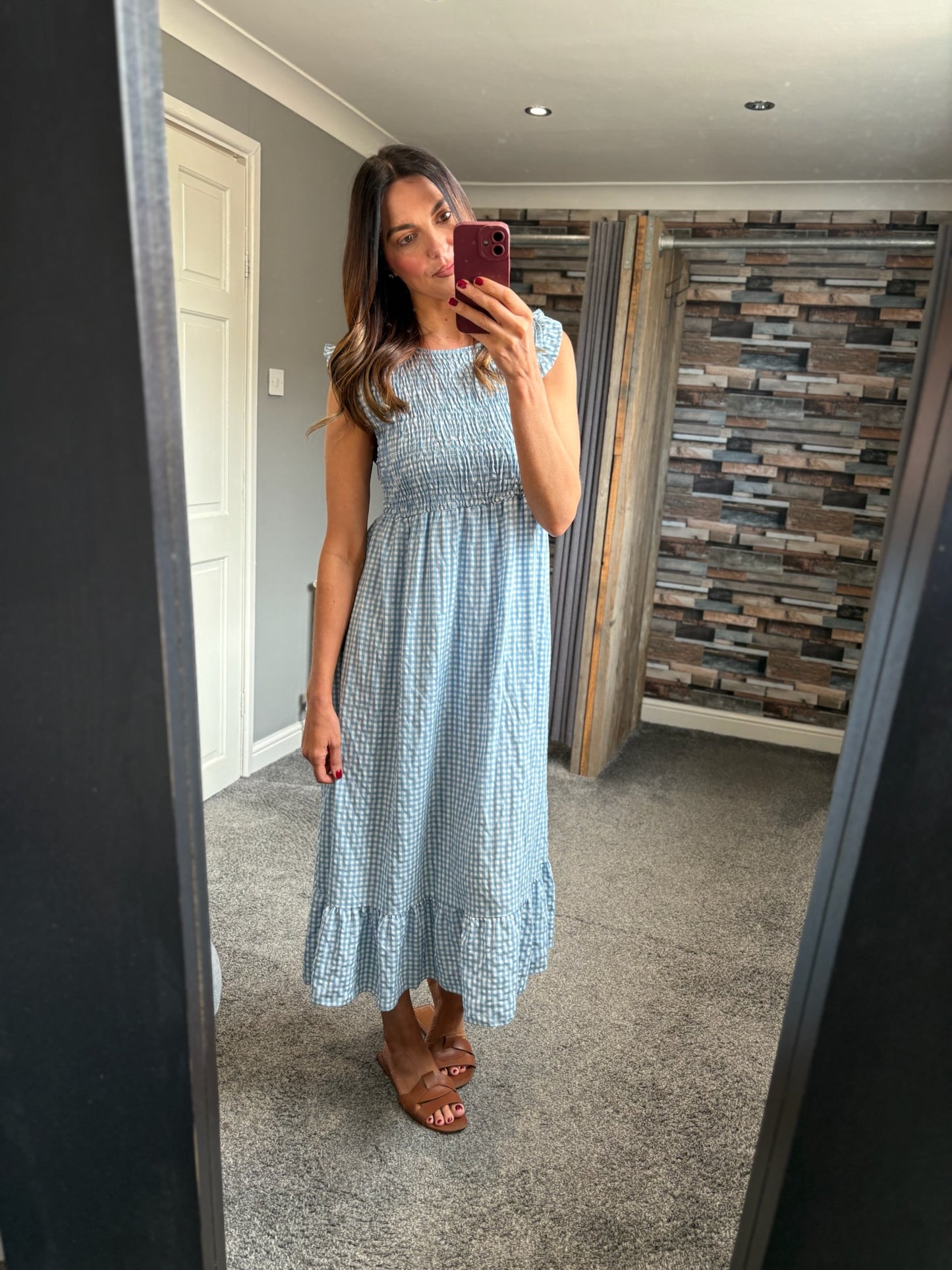 Gingham Shirred Midi Dress
