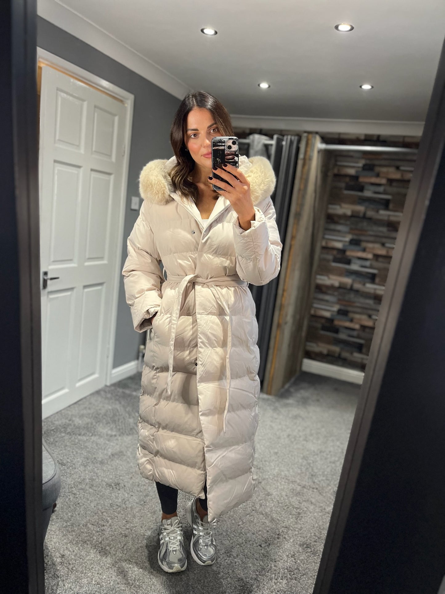 Padded Winter Coat with Fur Trim Hood & Belt