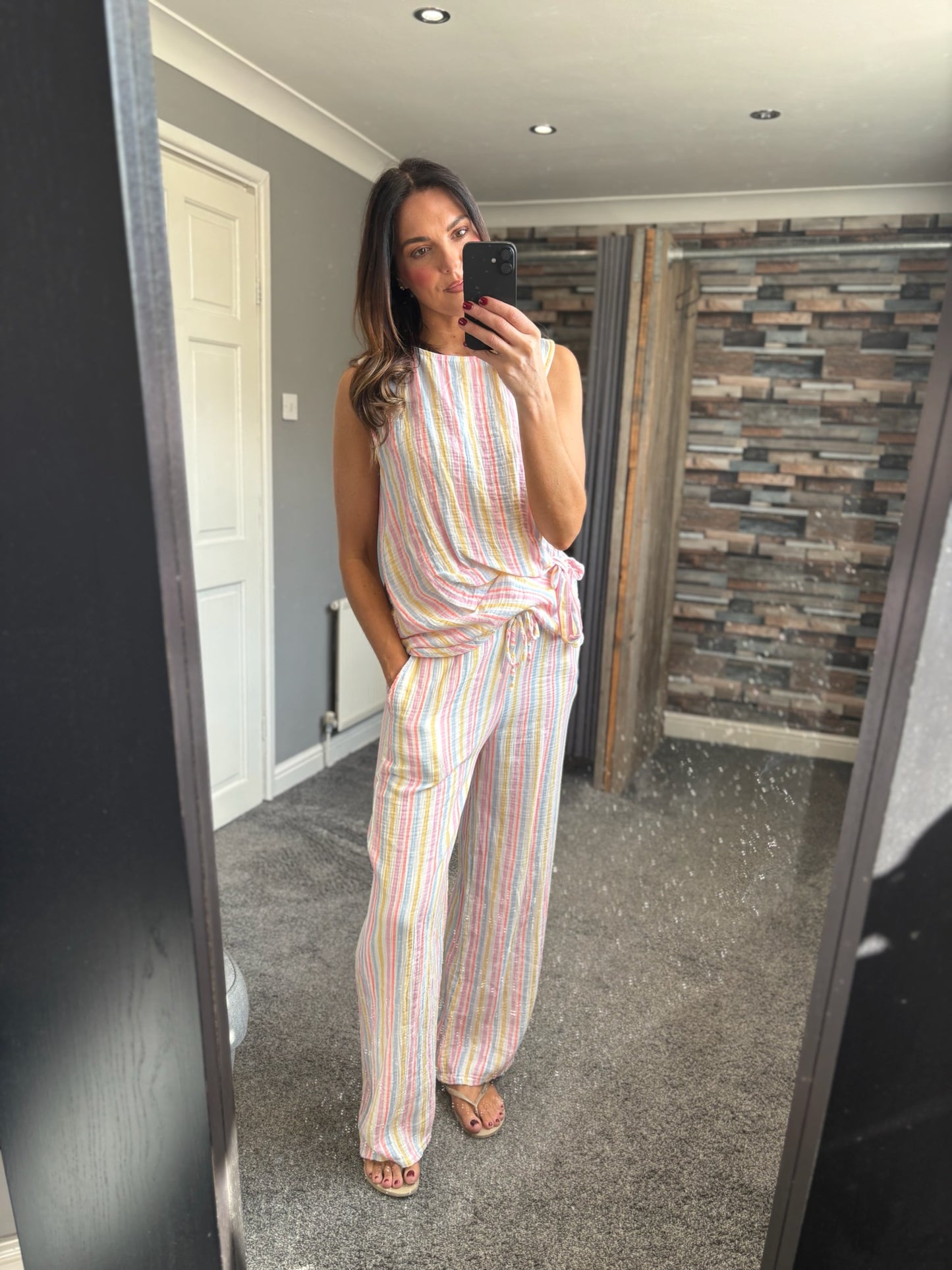 Side Tie Stripe Cheesecloth Coord