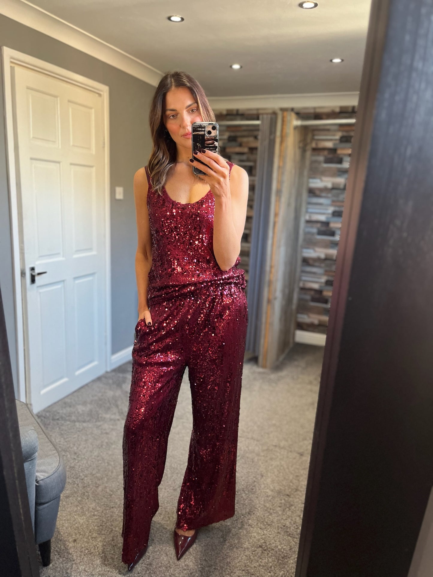 Sequin Wide Leg Trousers - Red