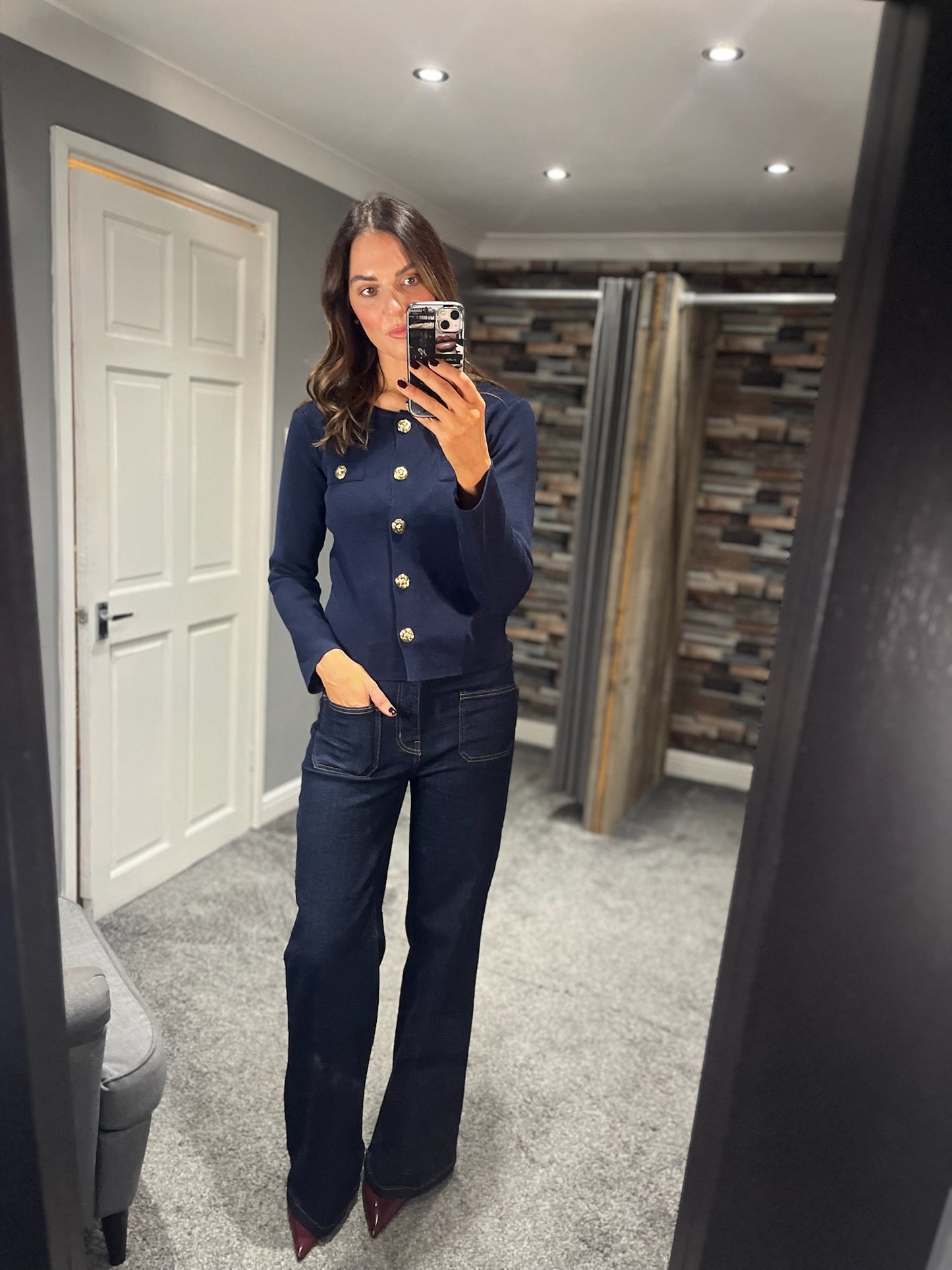 Gold Button Knit Jacket - Navy