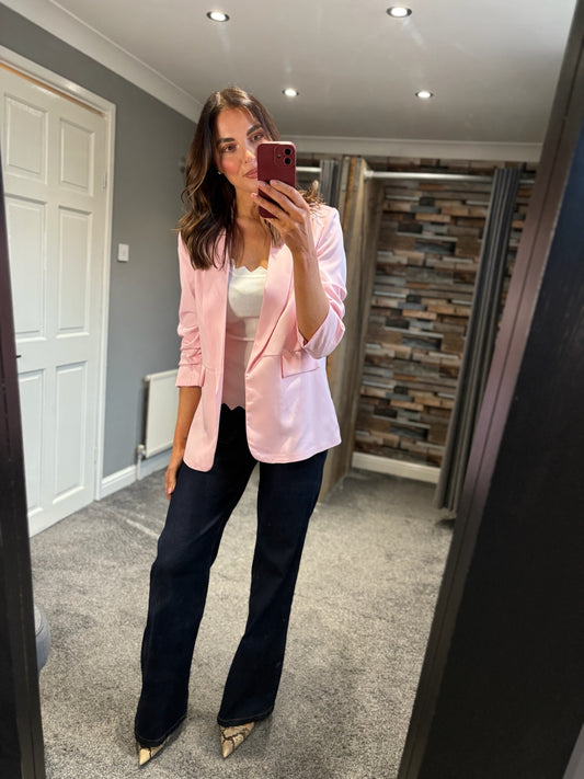 Ruched Sleeve Blazer - Baby Pink