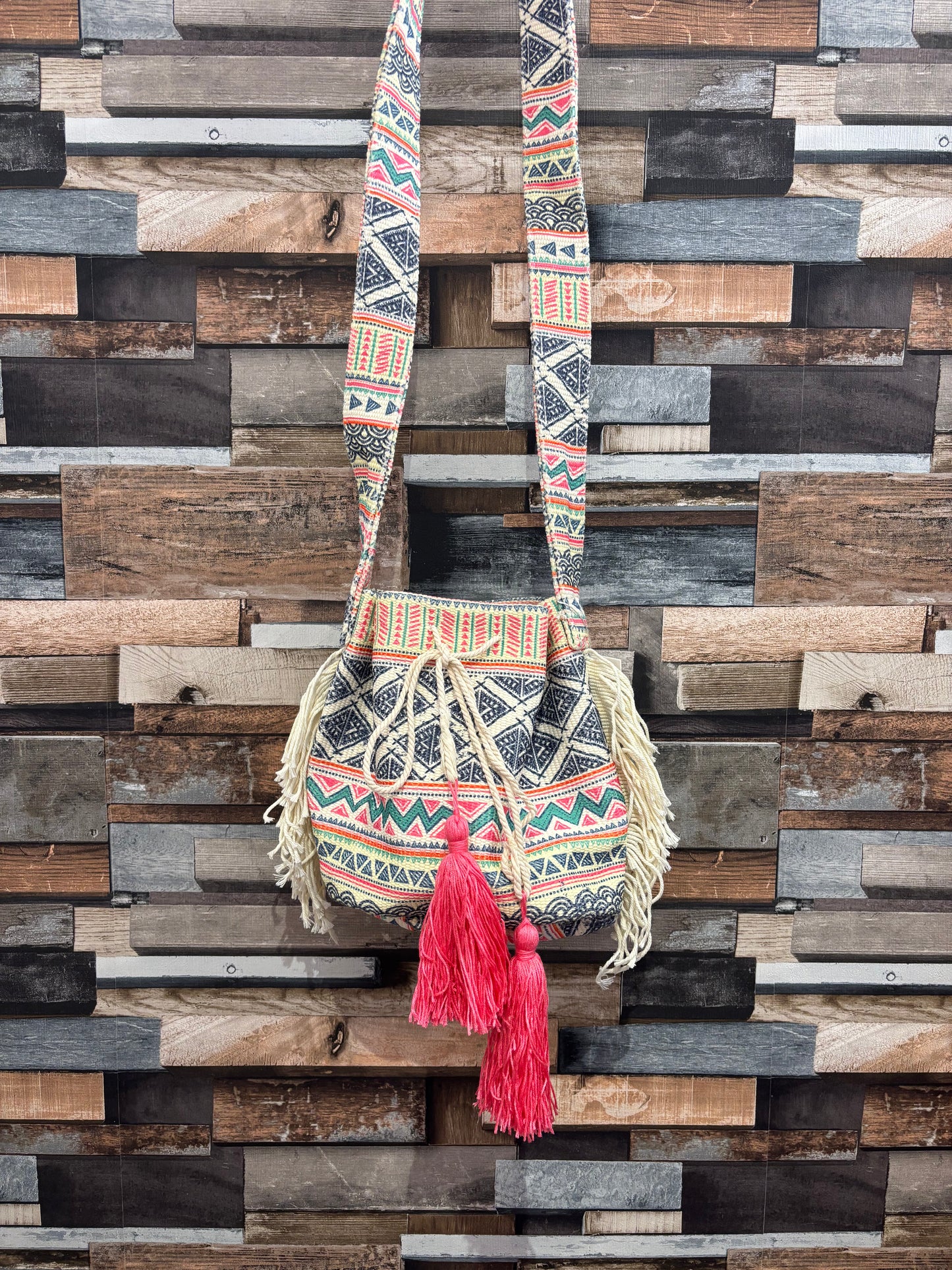 Aztec drawstring bucket bag