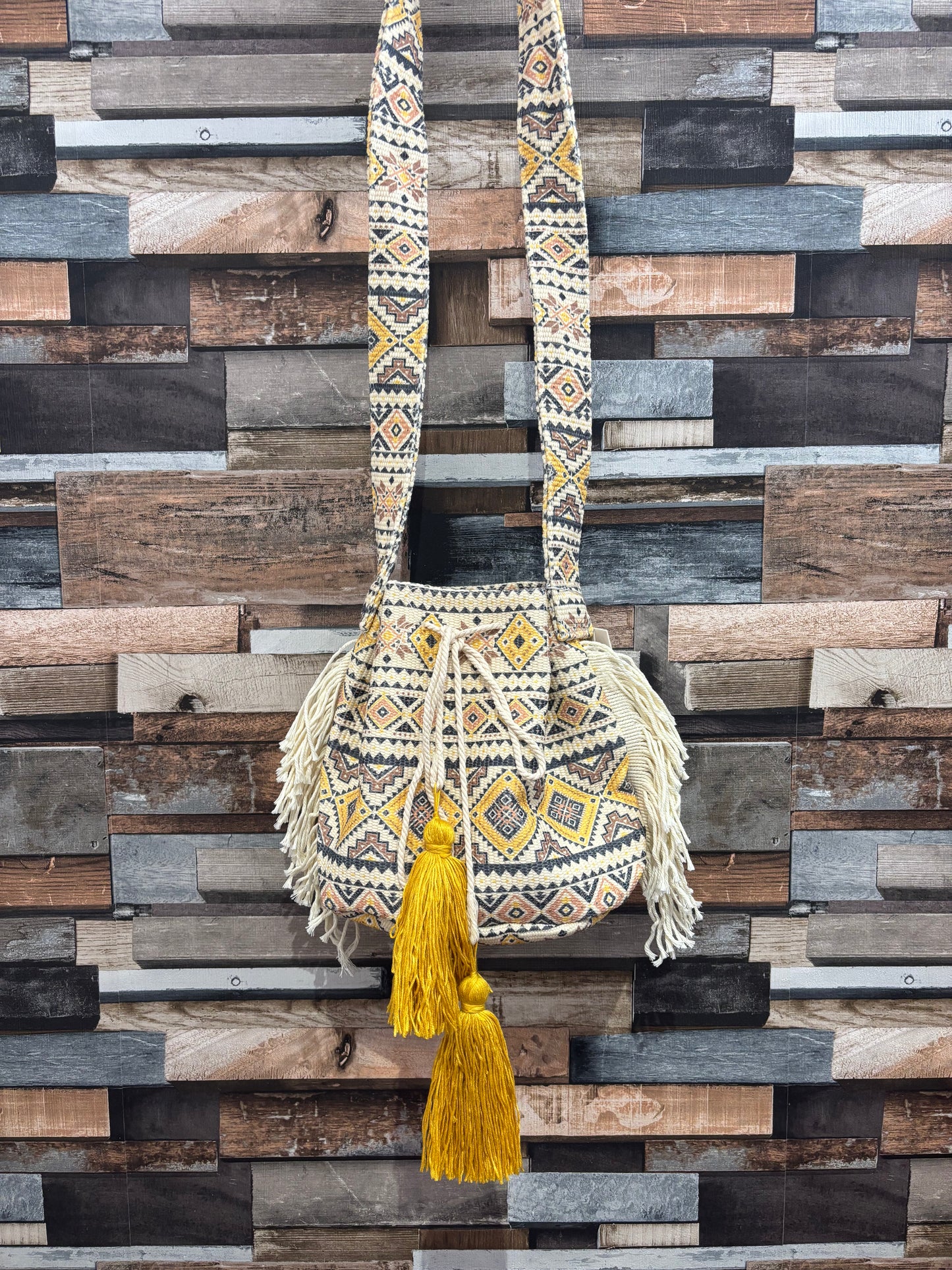 Aztec drawstring bucket bag