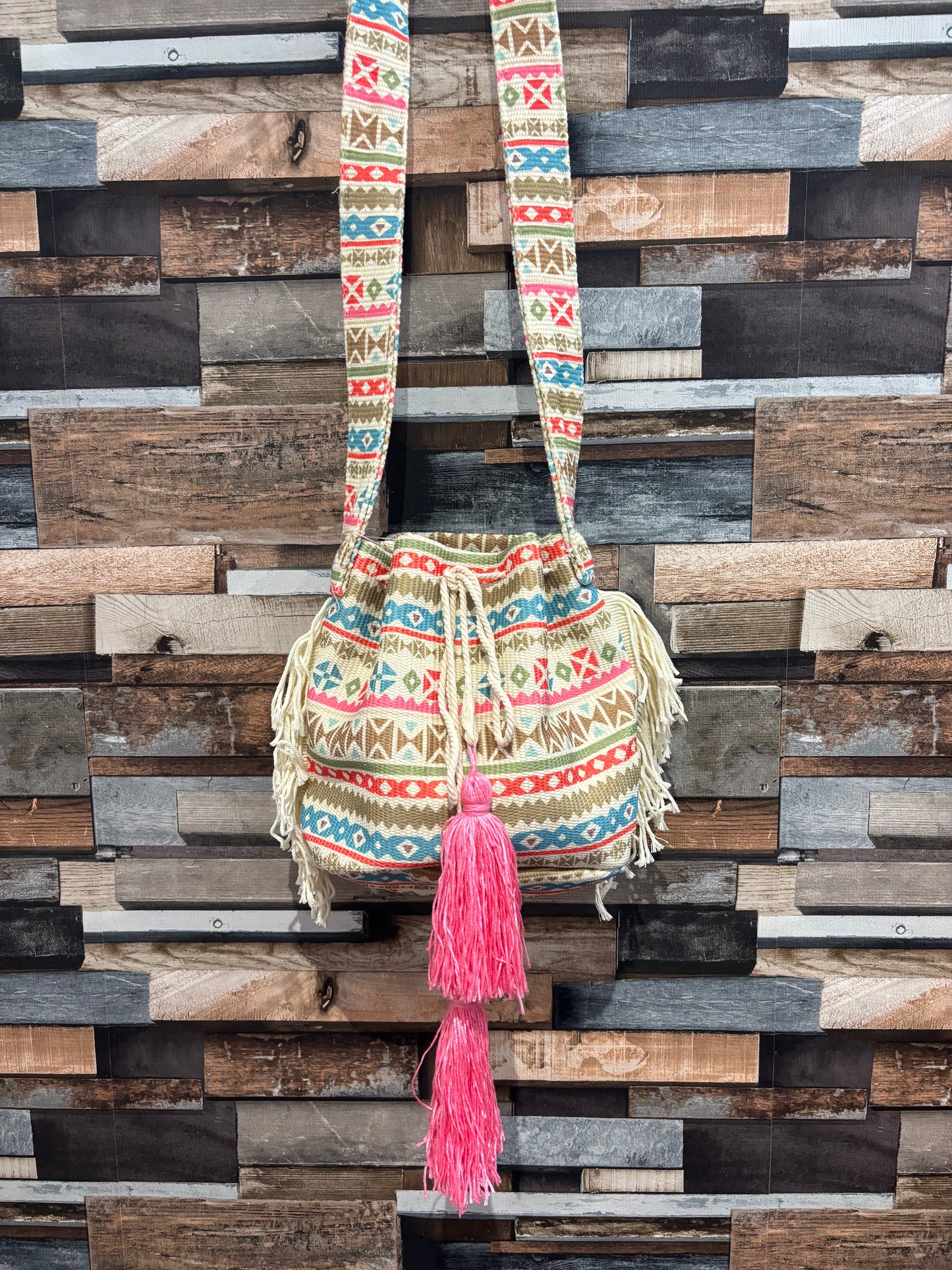 Aztec drawstring bucket bag