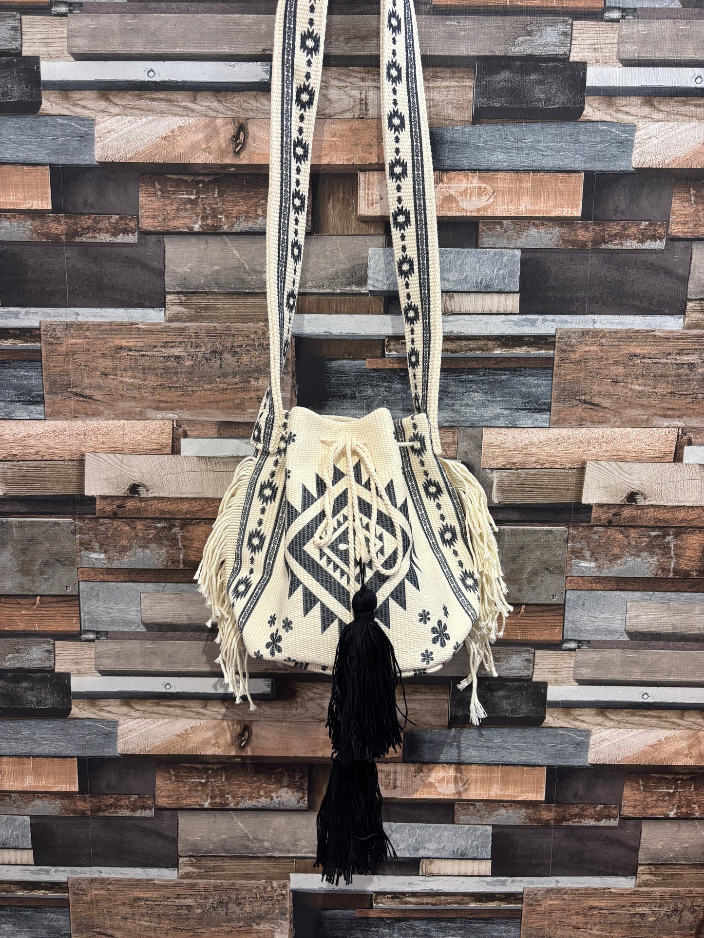 Aztec drawstring bucket bag