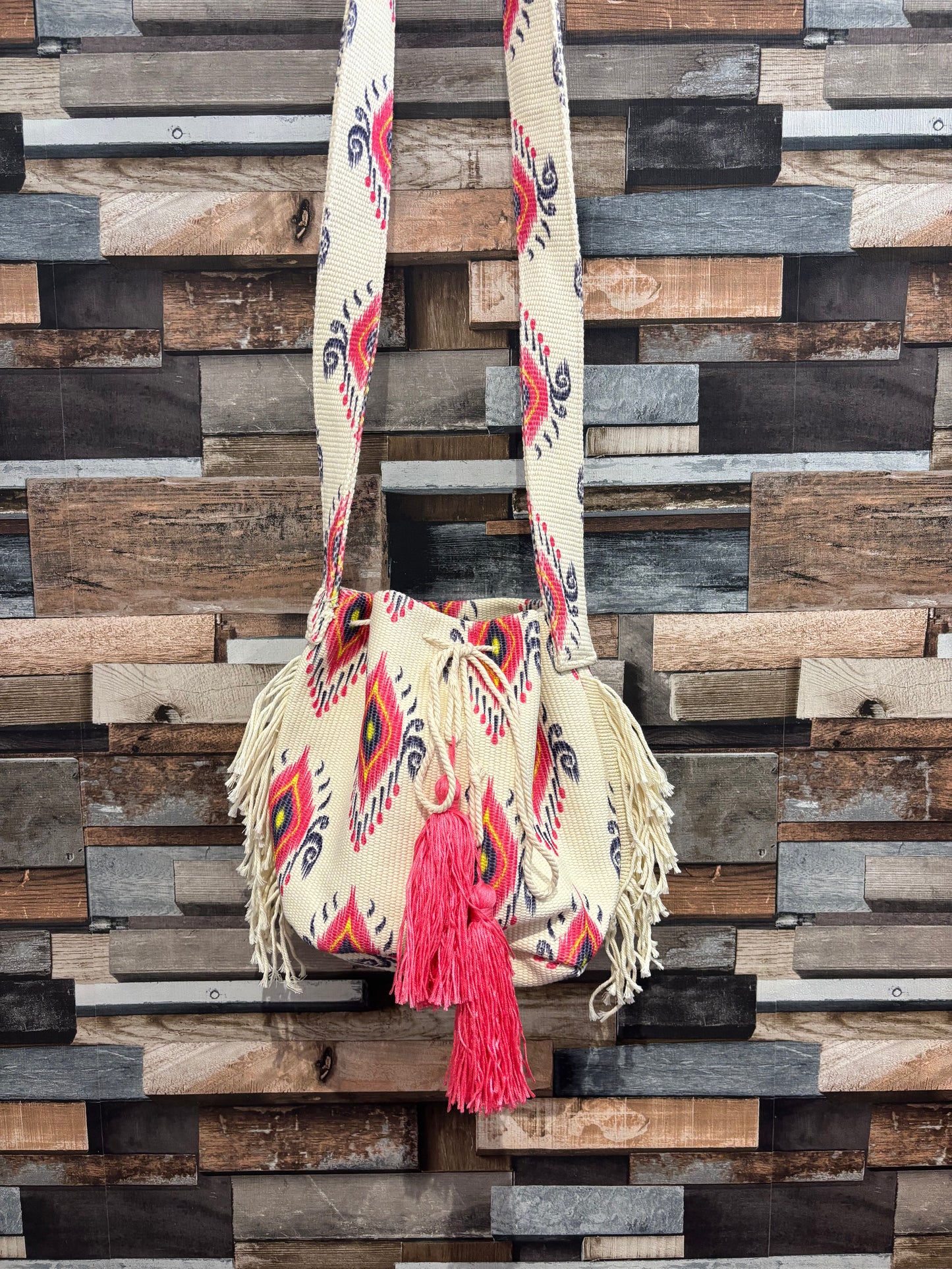 Aztec drawstring bucket bag