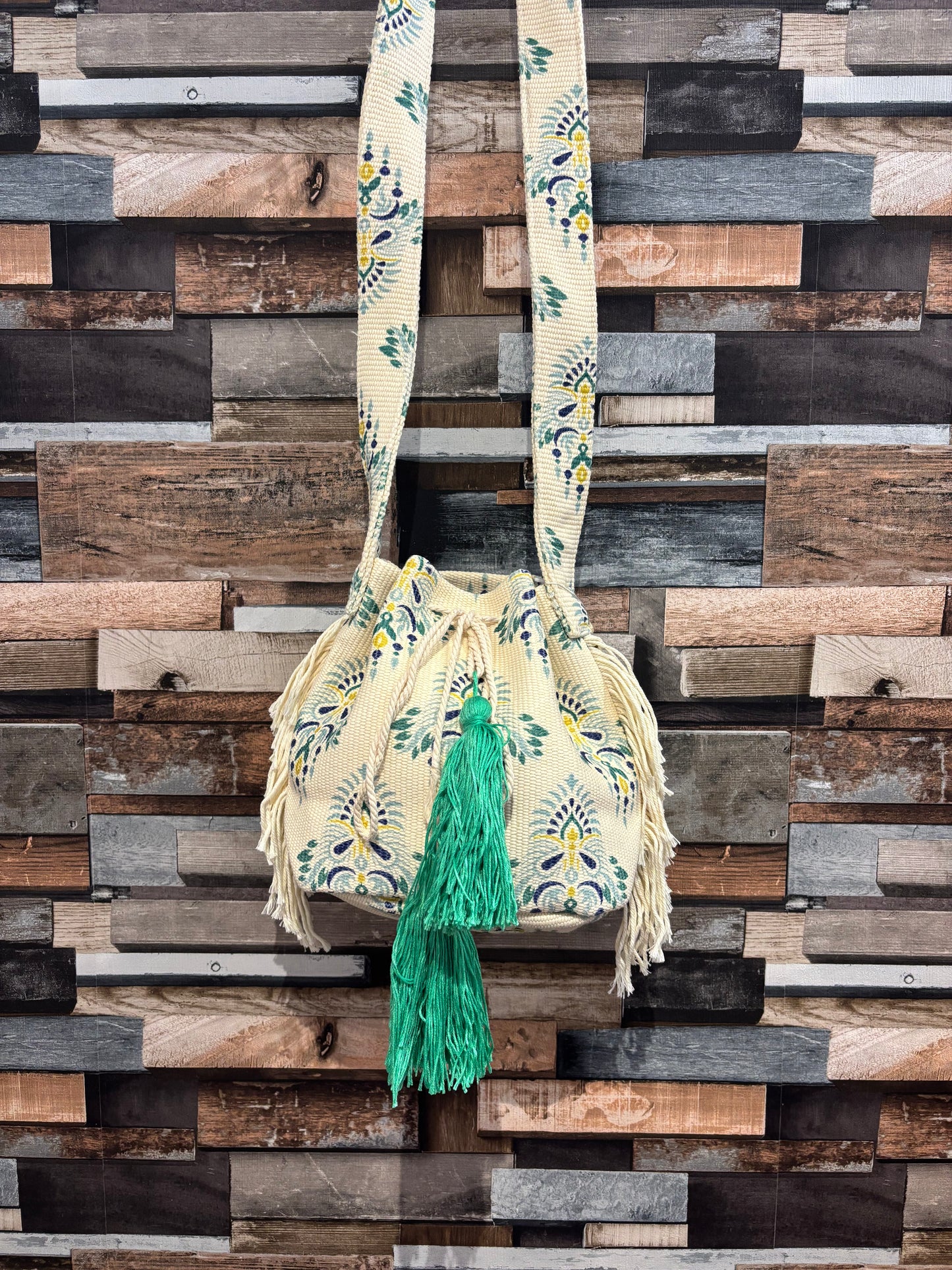Aztec drawstring bucket bag
