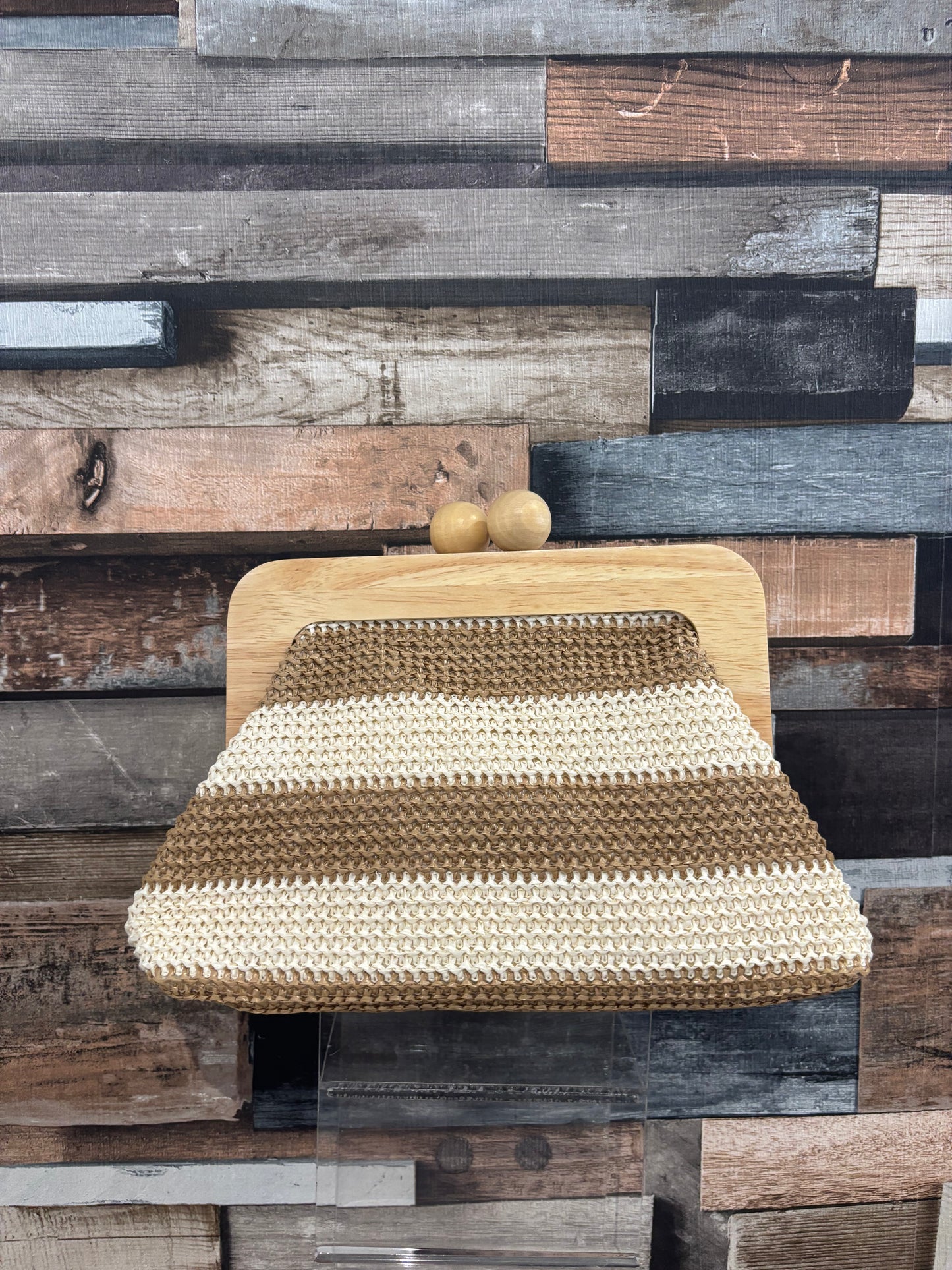 Wooden raffia clutch bag