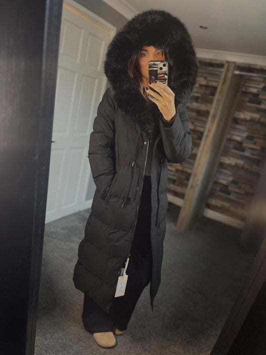 Padded Winter Coat with Fur Trim Hood & Drawstring Waist