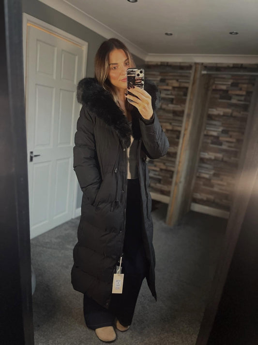 Padded Winter Coat with Fur Trim Hood & Drawstring Waist